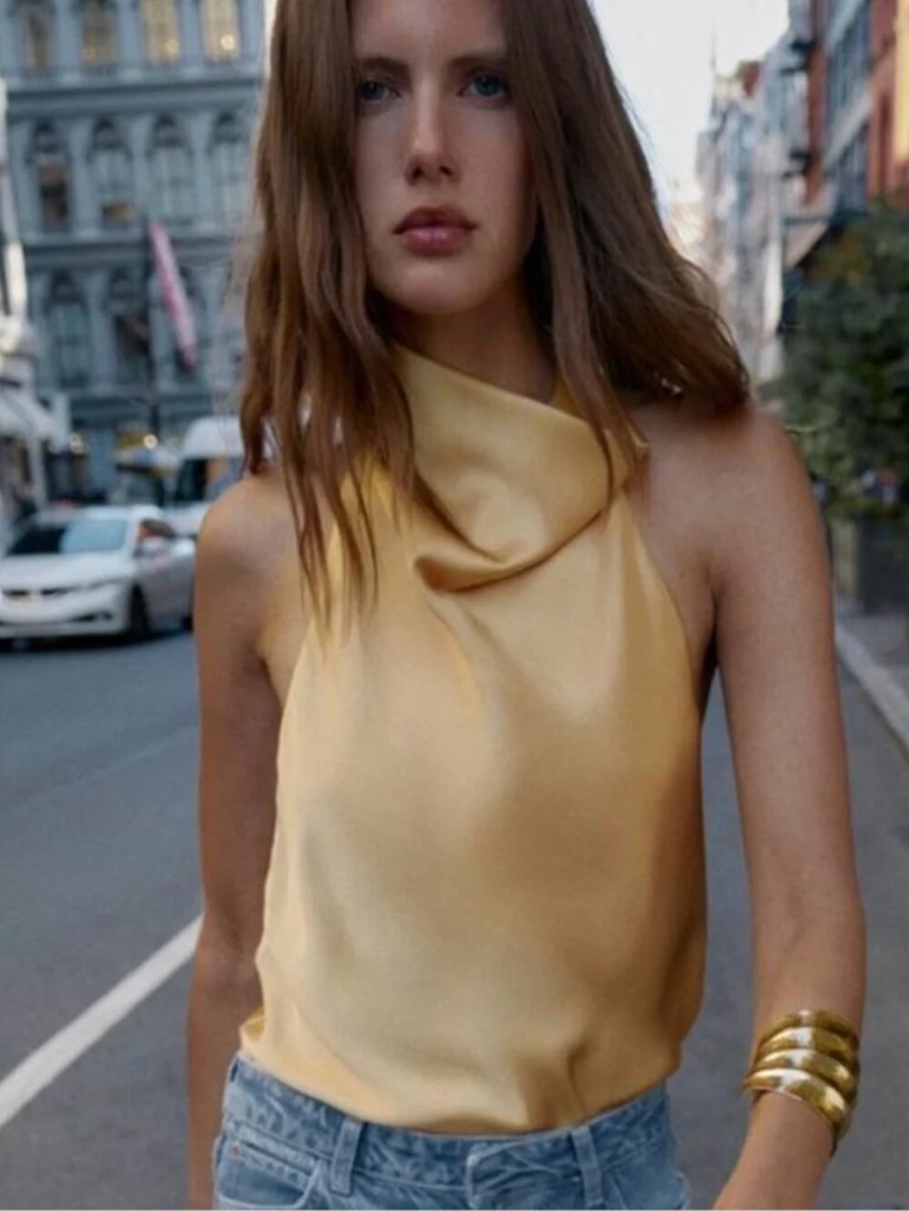 Zara Satin Effect Halter Top Golden Yellow Open Back Size XS NWT